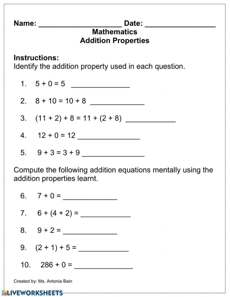 Addition Properties Worksheet Worksheets Library