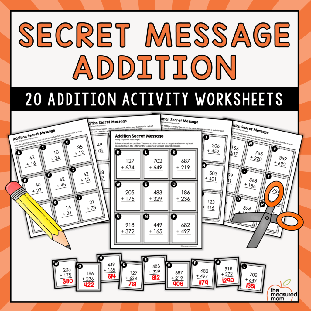 Addition Secret Message Worksheets The Measured Mom