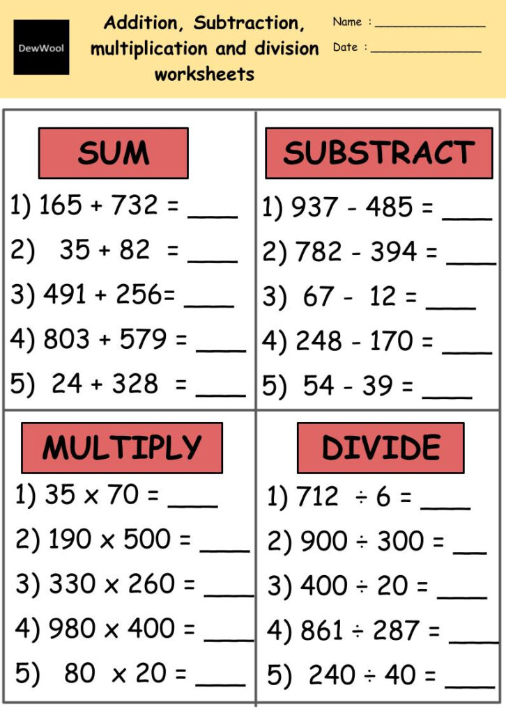 Addition Subtraction Multiplication Division Worksheets With Worksheets Library