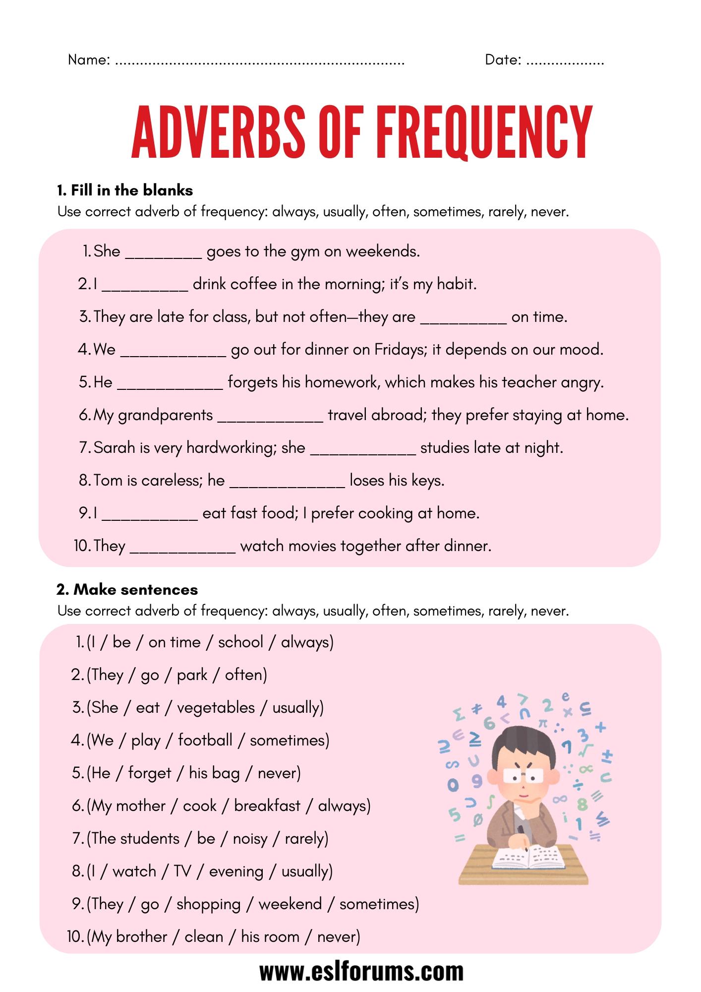 Adverbs Of Frequency Worksheets And Exercises ESL Forums