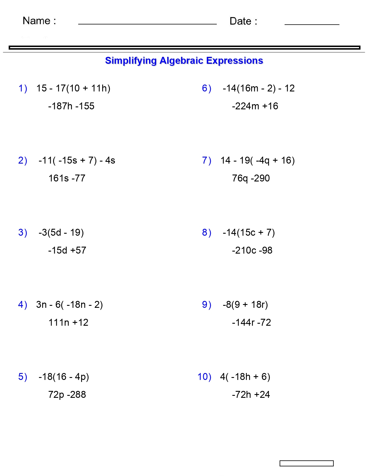 Algebraic Expressions Worksheets Distributive Property Worksheets 3 Terms Made By Teachers