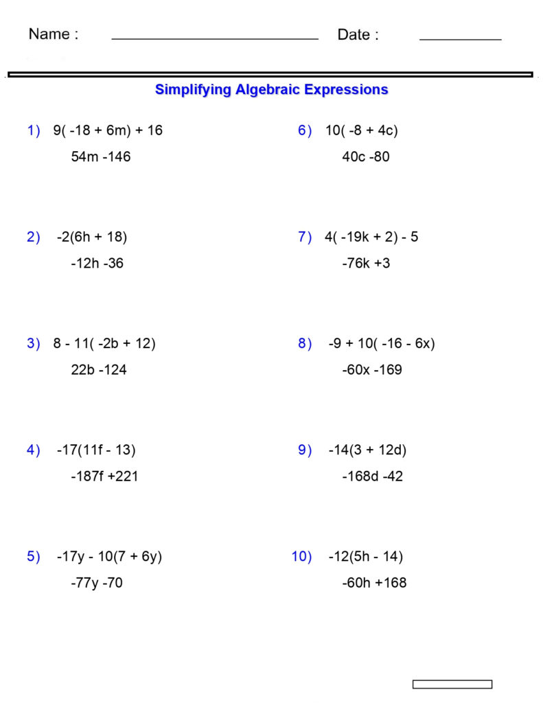 Algebraic Expressions Worksheets Simplifying Variables Worksheets 3 4Terms Mult Made By Teachers