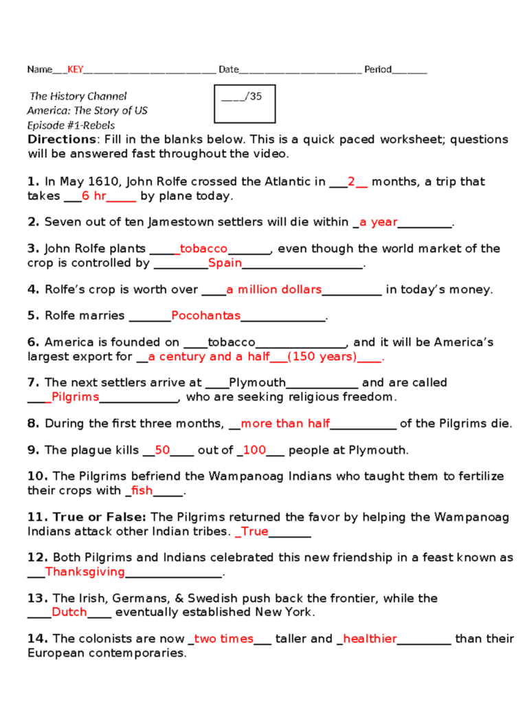 America The Story Of US Episode 1 Worksheet KEY Studocu