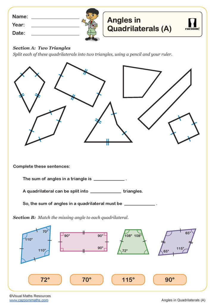 Angles In Quadrilaterals A Worksheet PDF Printable Geometry Worksheets