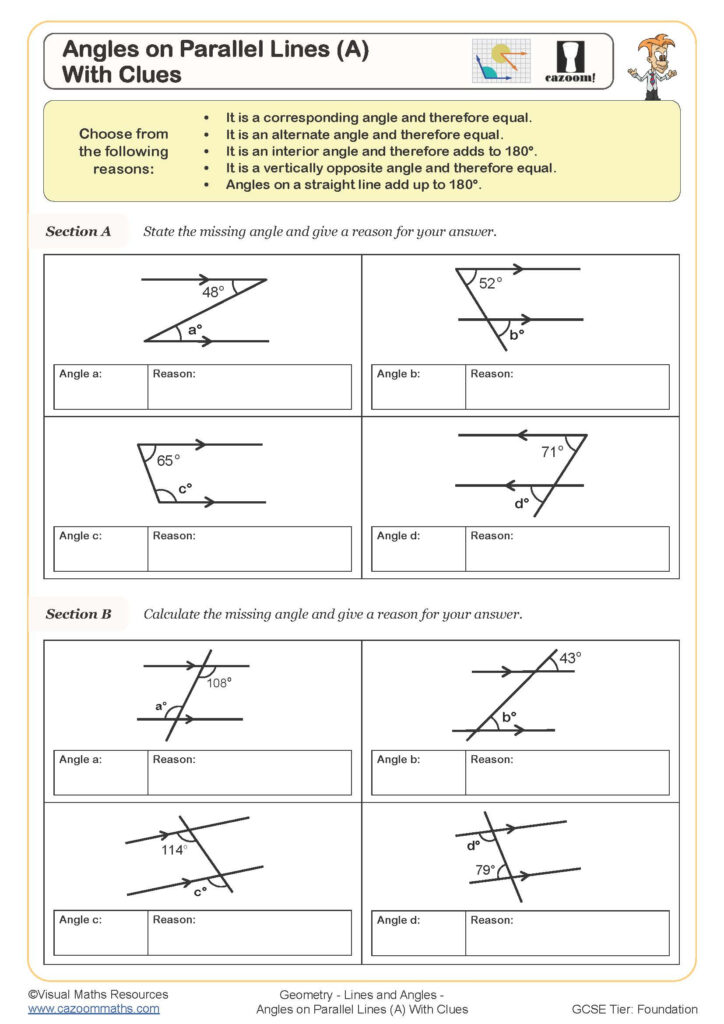 Angles On Parallel Lines A With Clues Worksheet Cazoom Maths Worksheets