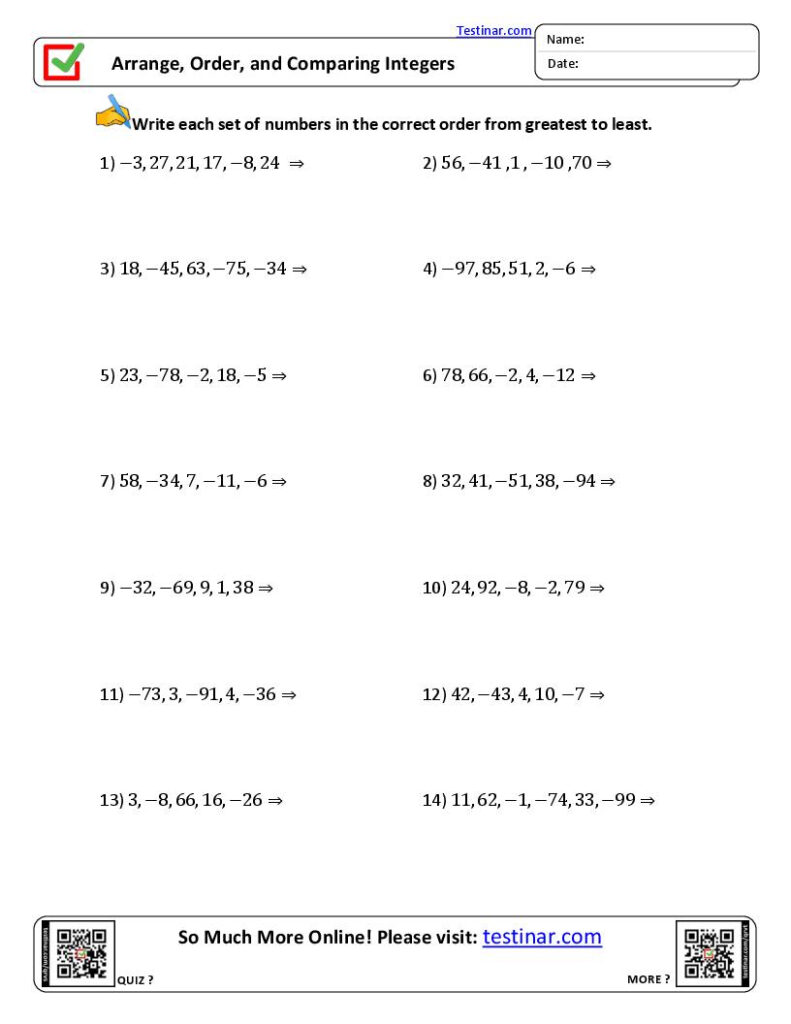 Arrange Order And Comparing Integers Worksheets