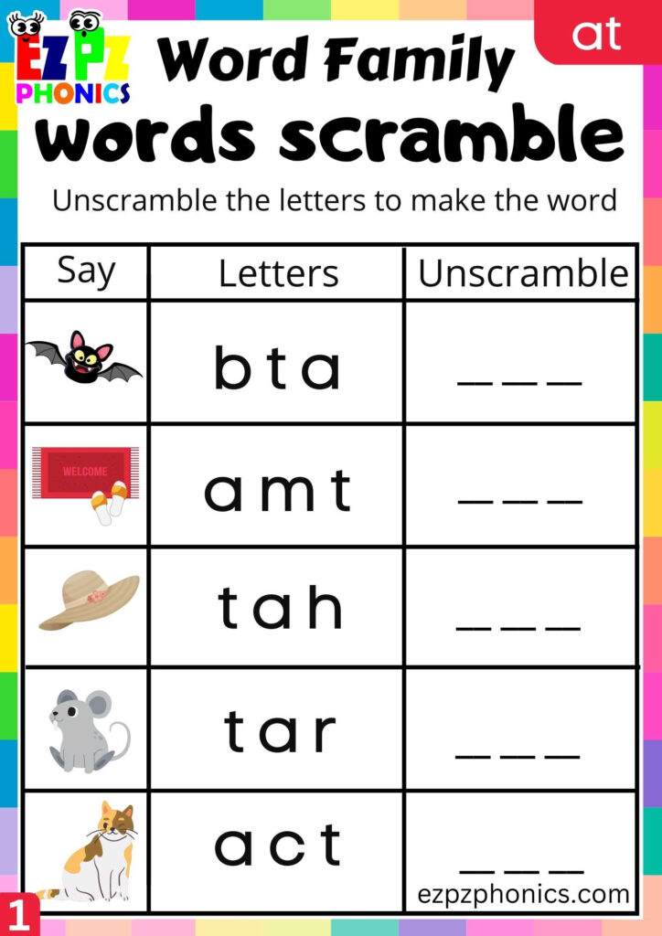 AT Words Words Scramble Phonics Word Families Worksheet Ezpzphonics