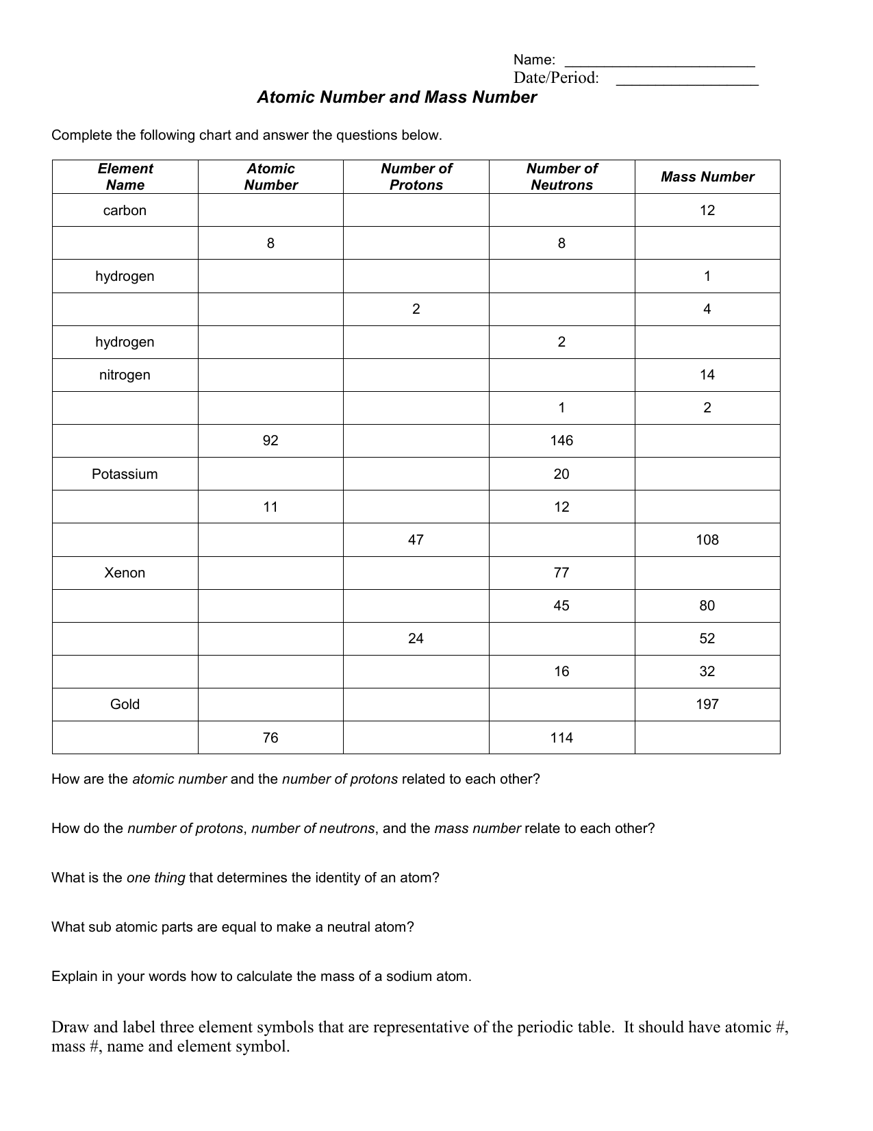 Atomic Number Mass Number Worksheet