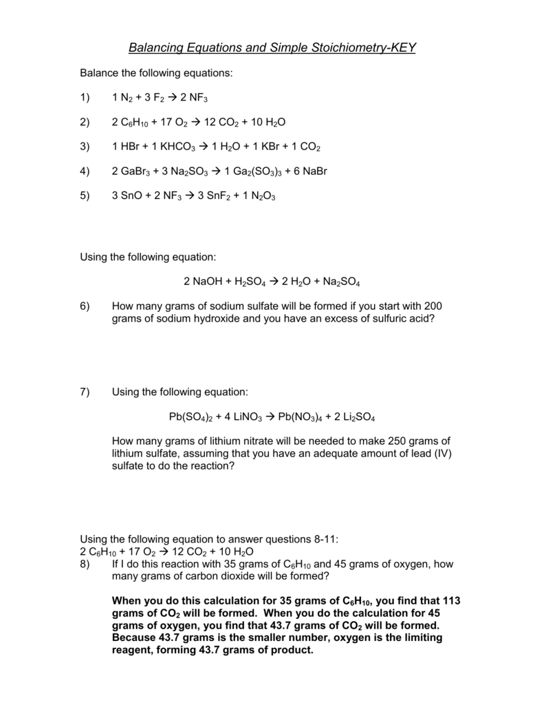 Balancing Equations Stoichiometry Worksheet KEY