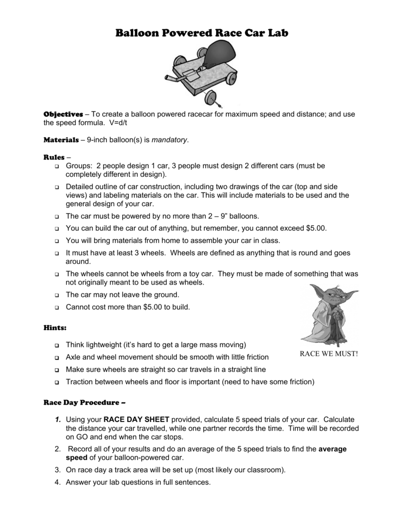 Balloon Powered Race Car Lab Worksheet