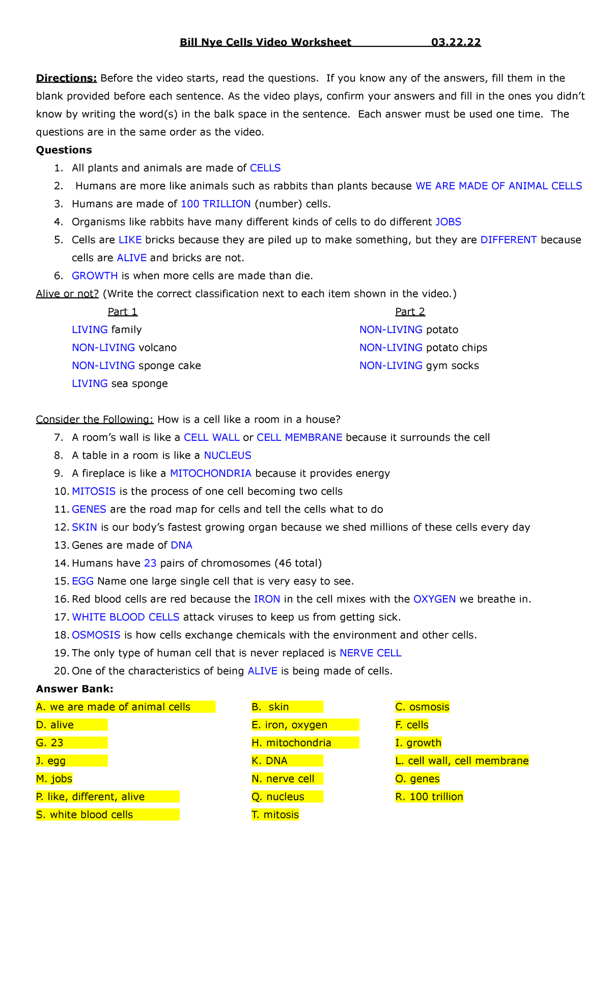 Bill Nye Cells Video Worksheet Answers 03 22 Studocu