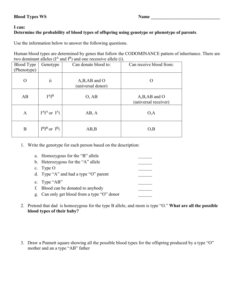Blood Type Inheritance Worksheet Genetics Practice