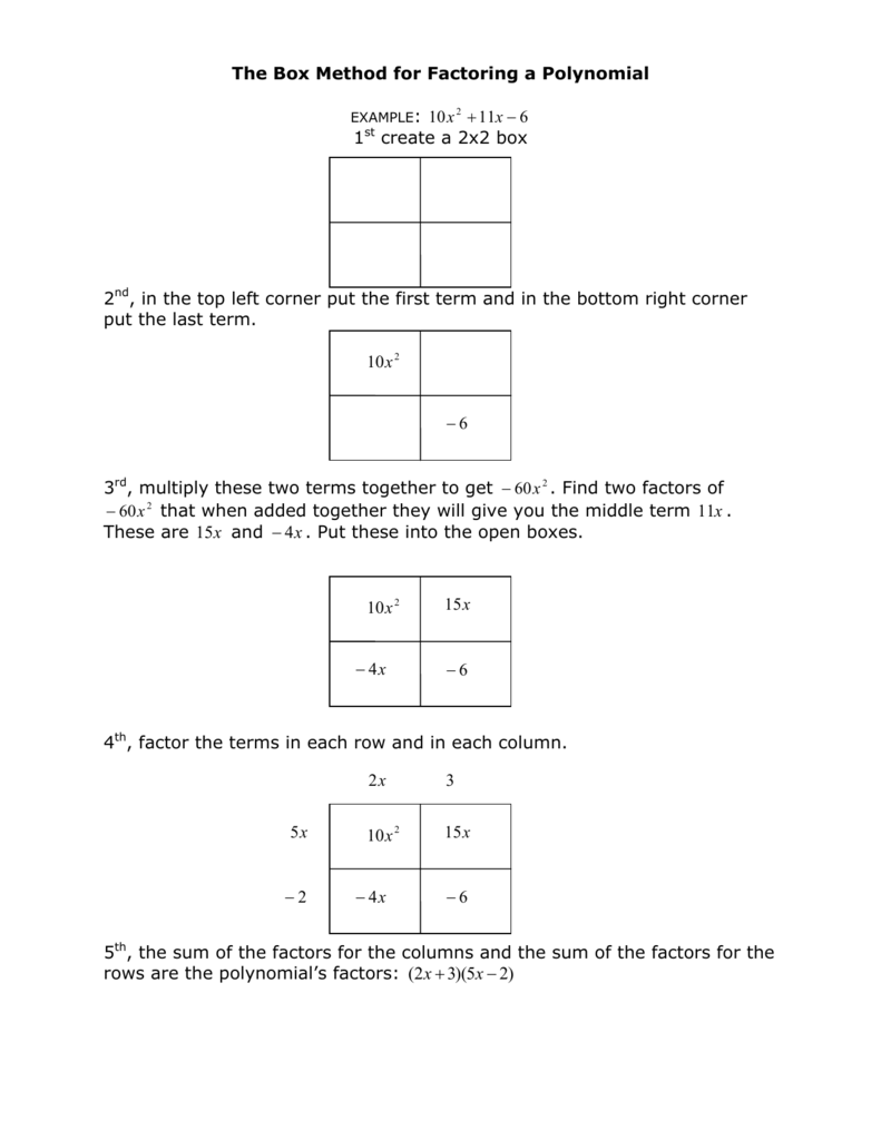 Box Method Factoring Polynomials Example