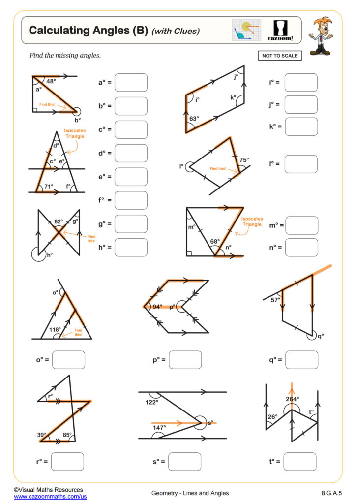 Calculating Angles B With Clues Worksheet PDF Printable Geometry Worksheet Cazoom Math