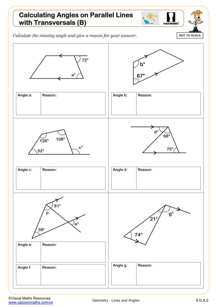 Calculating Angles On Parallel Lines With Transversals B Worksheet PDF Printable Geometry Worksheet Cazoom Math