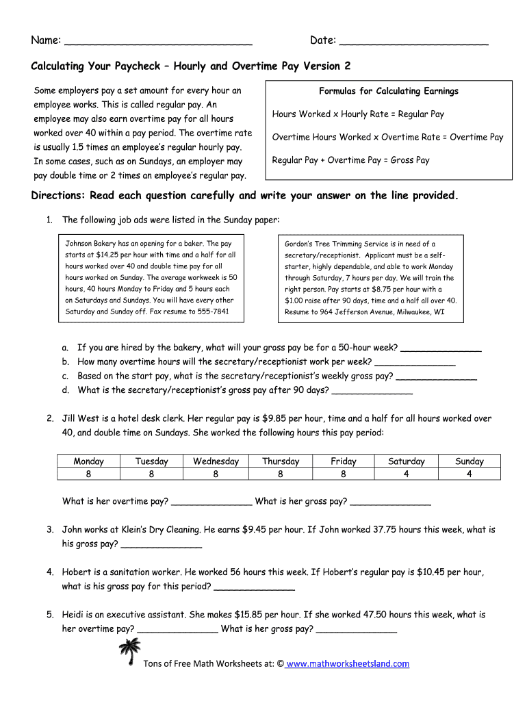 Calculating Your Paycheck Hourly And Overtime Pay Version 1 Answer Key Fill Out Sign Online DocHub