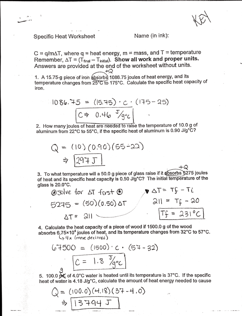 Calculations Involving Specific Heat Worksheet Exercises Chemical Thermodynamics Docsity Calculations Involving Specific Heat Worksheet Exercises Chemical Thermodynamics Docsity