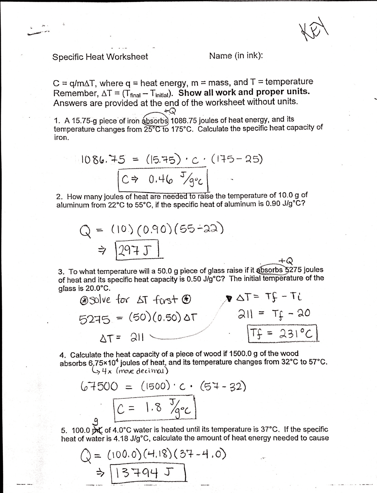 Calculations Involving Specific Heat Worksheet Exercises Chemical Thermodynamics Docsity