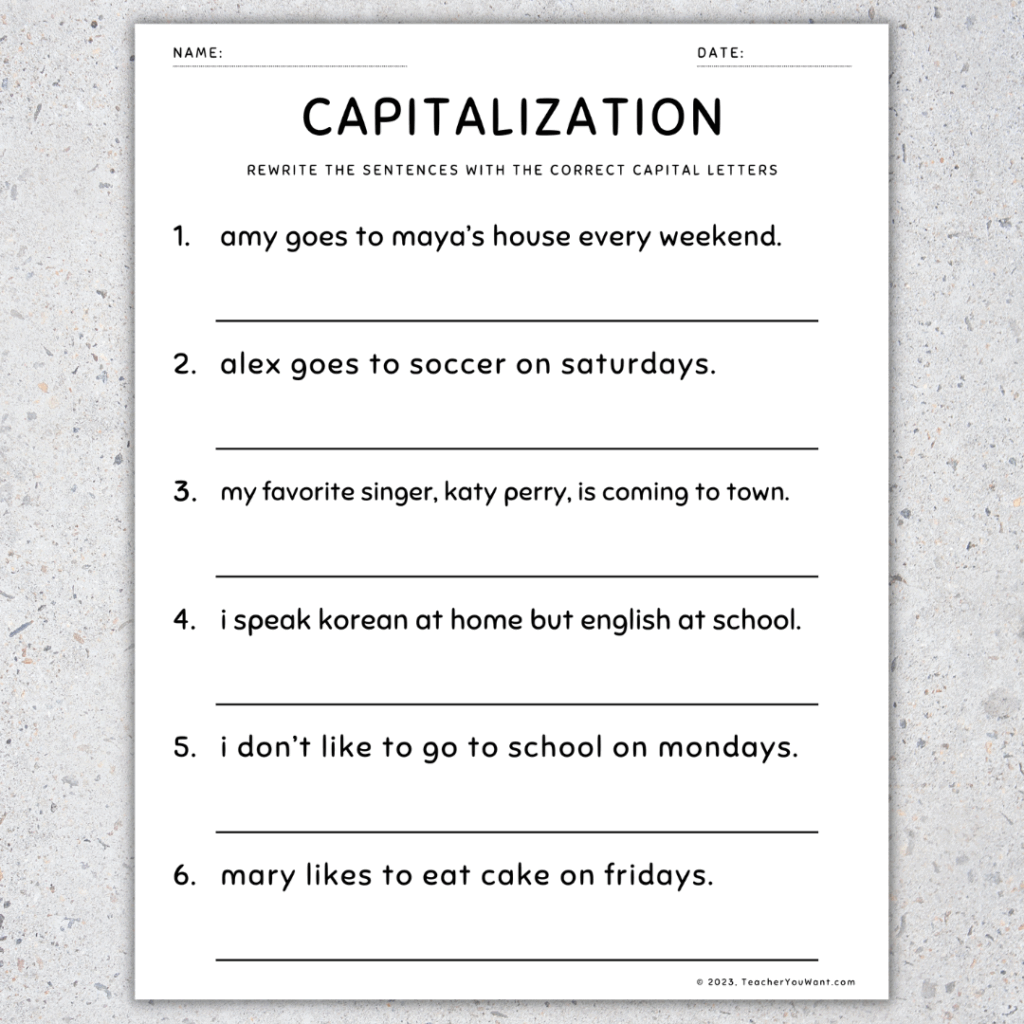 Capitalization Worksheets Fix The Sentences Grammar Practice 4th Grade Made By Teachers