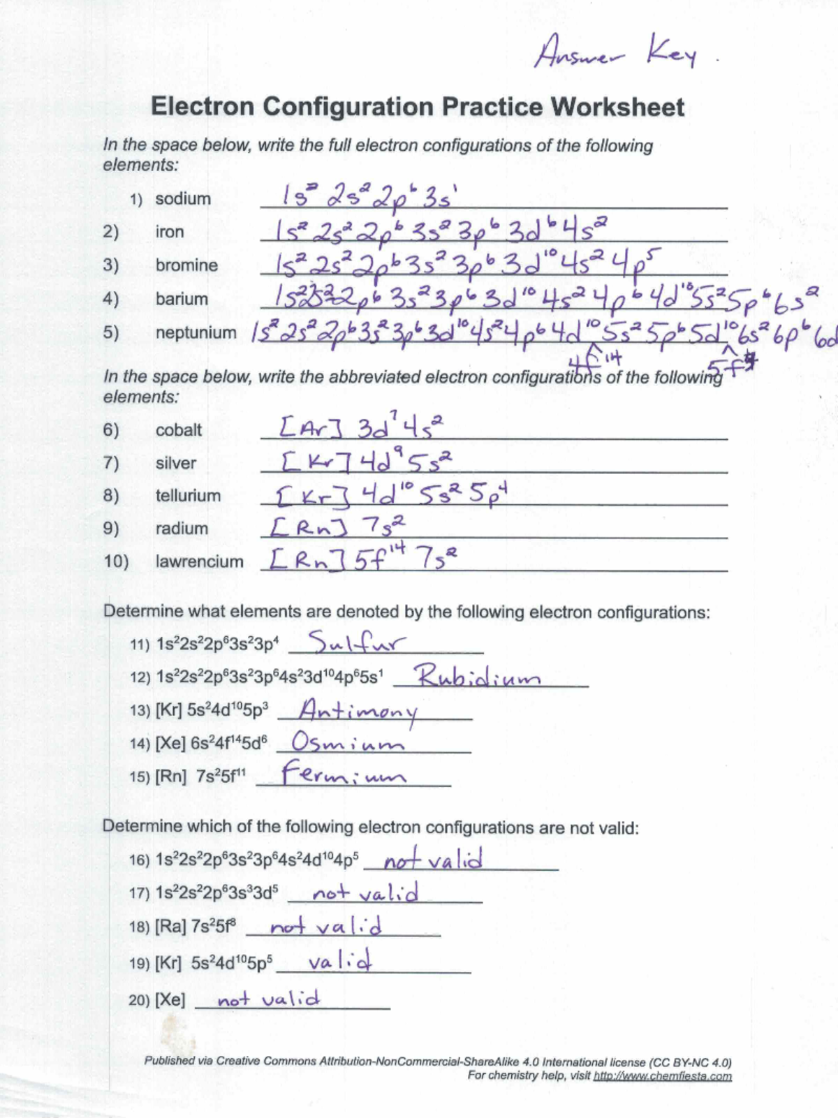 Chem 101 Electron Configuration Practice Worksheet Answer Key Studocu