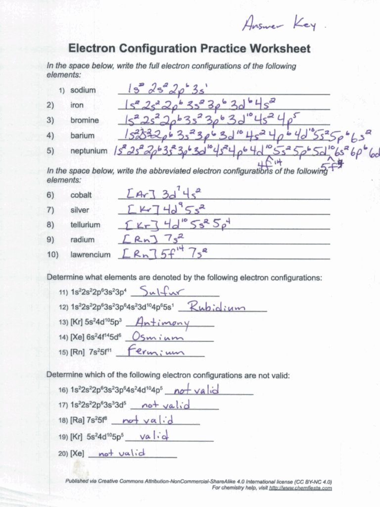Chem 101 Electron Configuration Practice Worksheet Answer Key Studocu