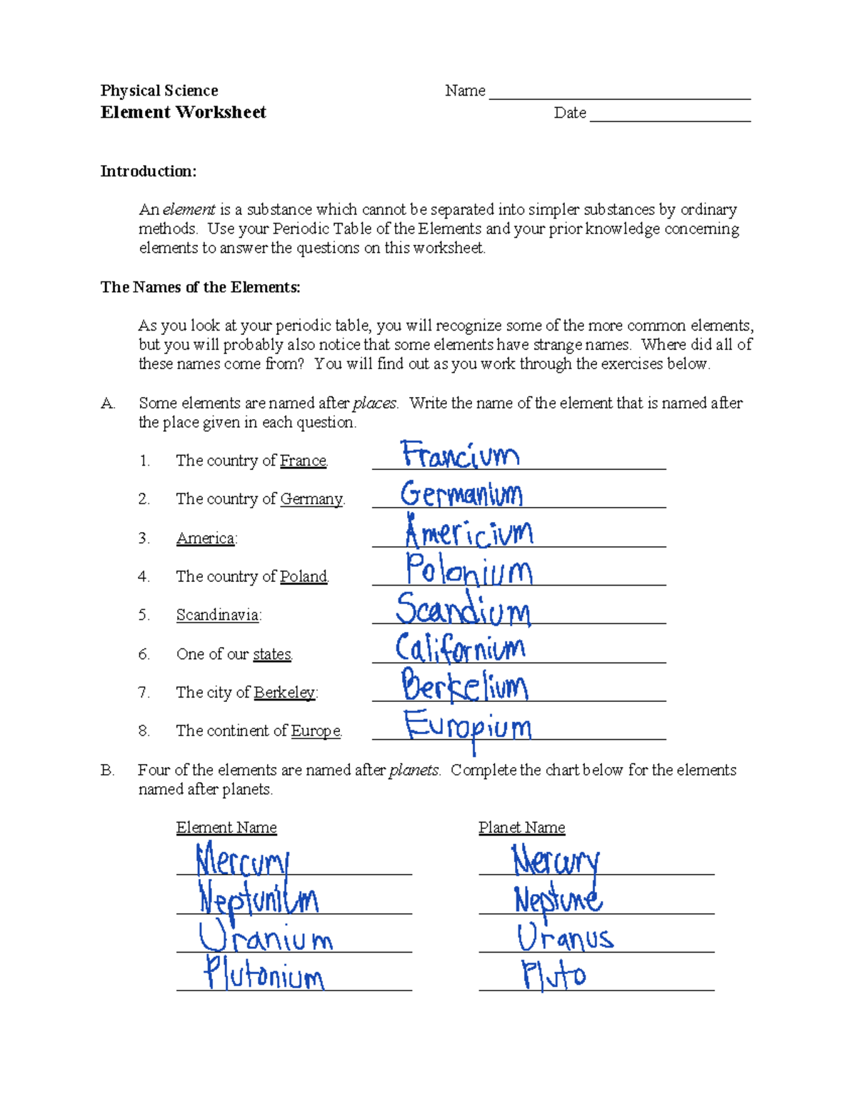 CHEM 101 Element Worksheet Exploring Chemical Elements Studocu