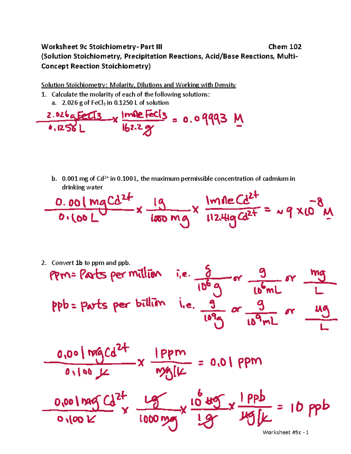 Chem 102 Worksheet 9c Stoichiometry Solutions Reactions Key Studocu