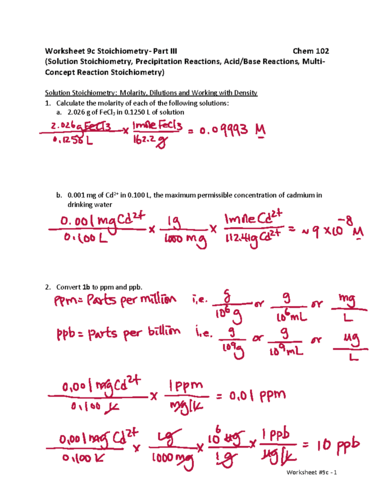 Chem 102 Worksheet 9c Stoichiometry Solutions Reactions Key Studocu