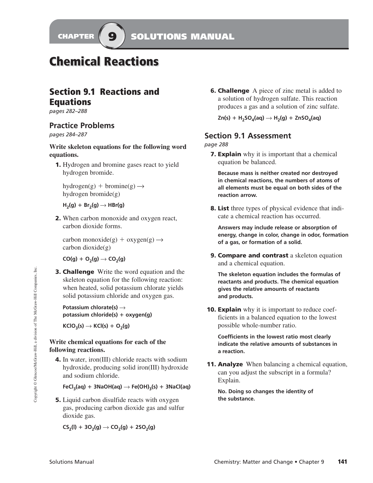 Chemical Reactions Solutions Manual High School Chemistry