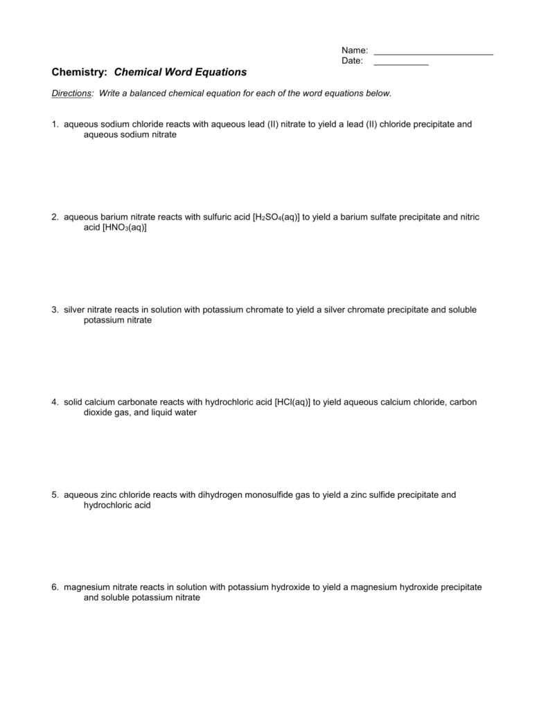 Chemical Word Equations Worksheet Balancing Practice