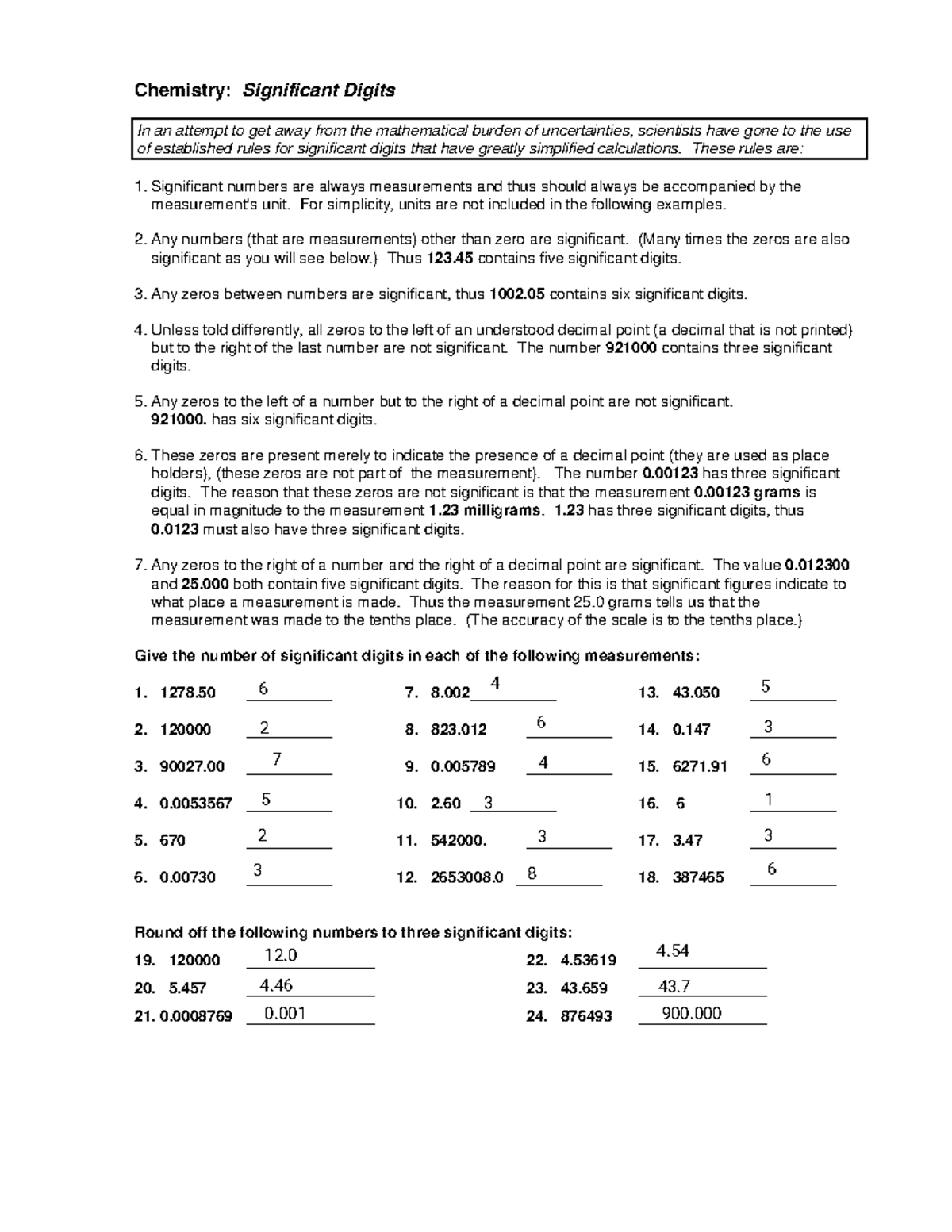 Chemistry Significant Digits Worksheet Part 1 Studocu
