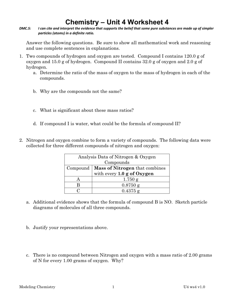 Chemistry Worksheet Law Of Definite Composition Proportions