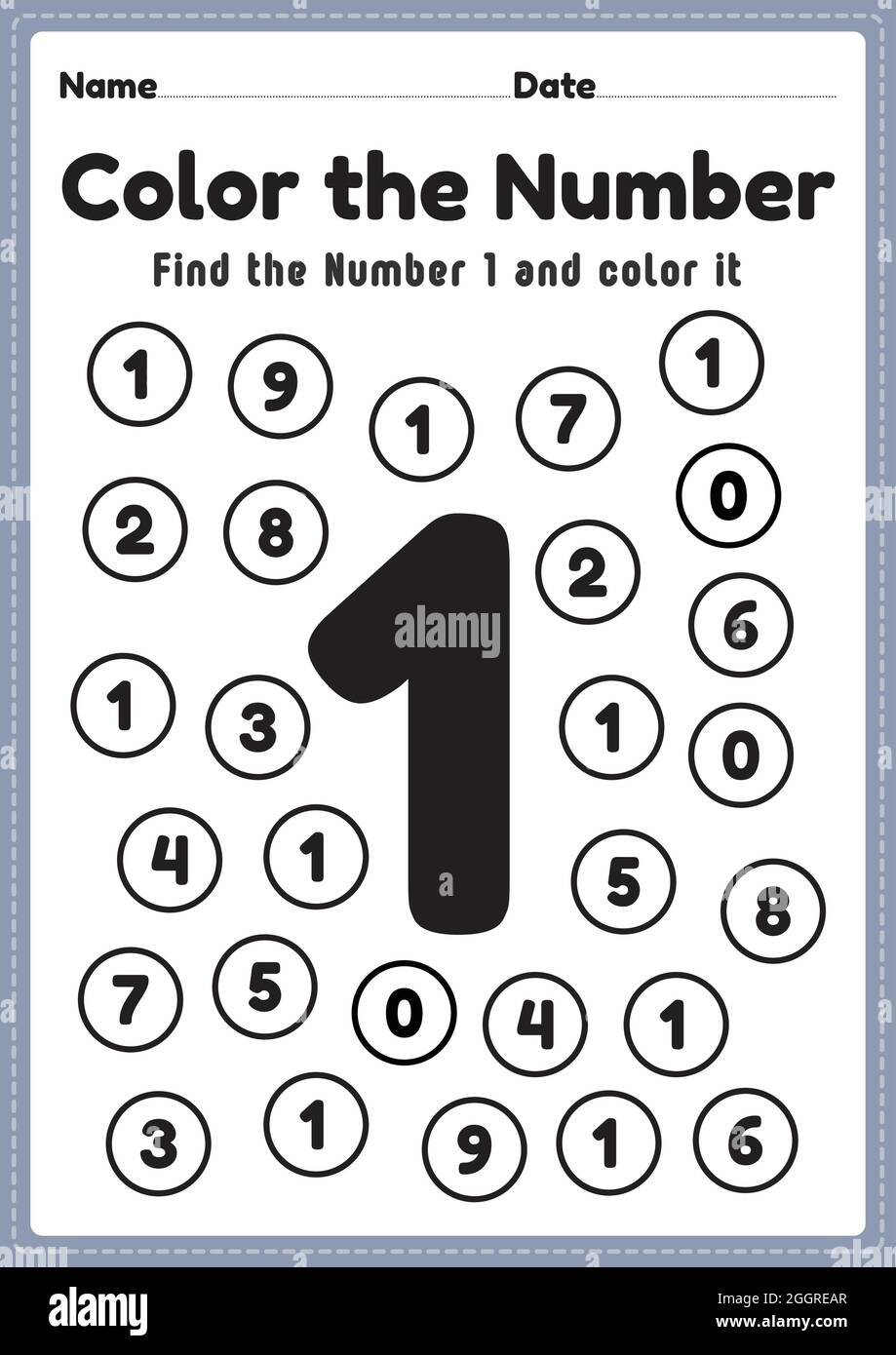 Coloring Numbers Number 1 Worksheet Math Printable Sheet For Preschool And Kindergarten Kids Activity To Learn Basic Mathematics Skills Stock Vector Image Art Alamy