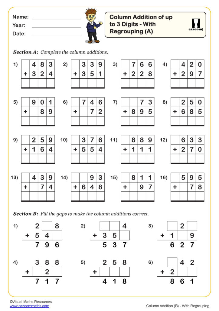 Column Addition Of Up To 3 Digits With Regrouping A Fun And Engaging Year 3 PDF Worksheets