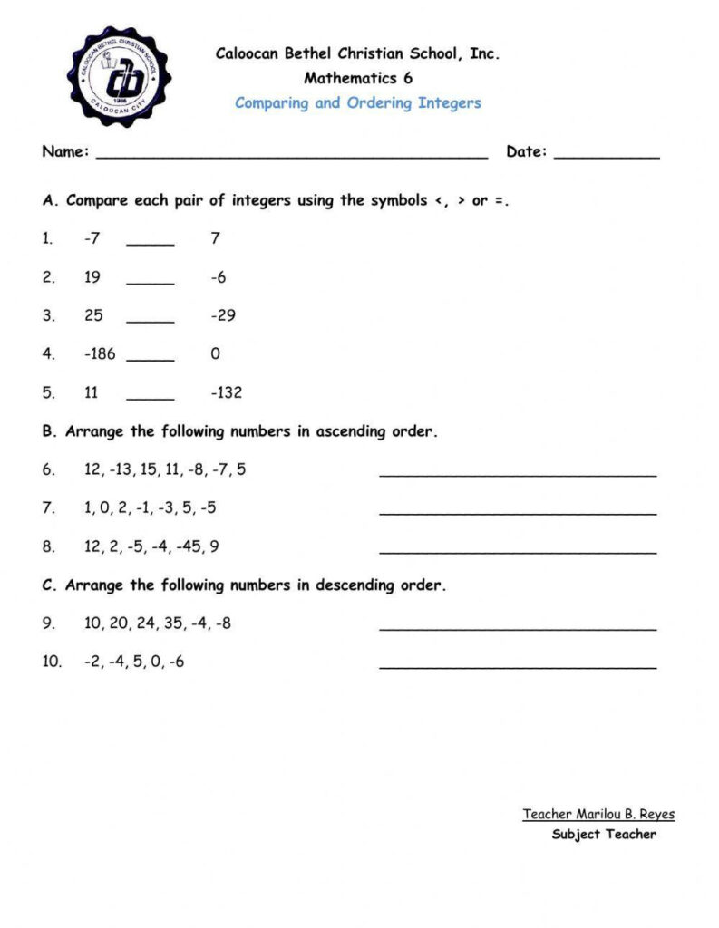 Comparing And Ordering Integers Worksheet Worksheets Library