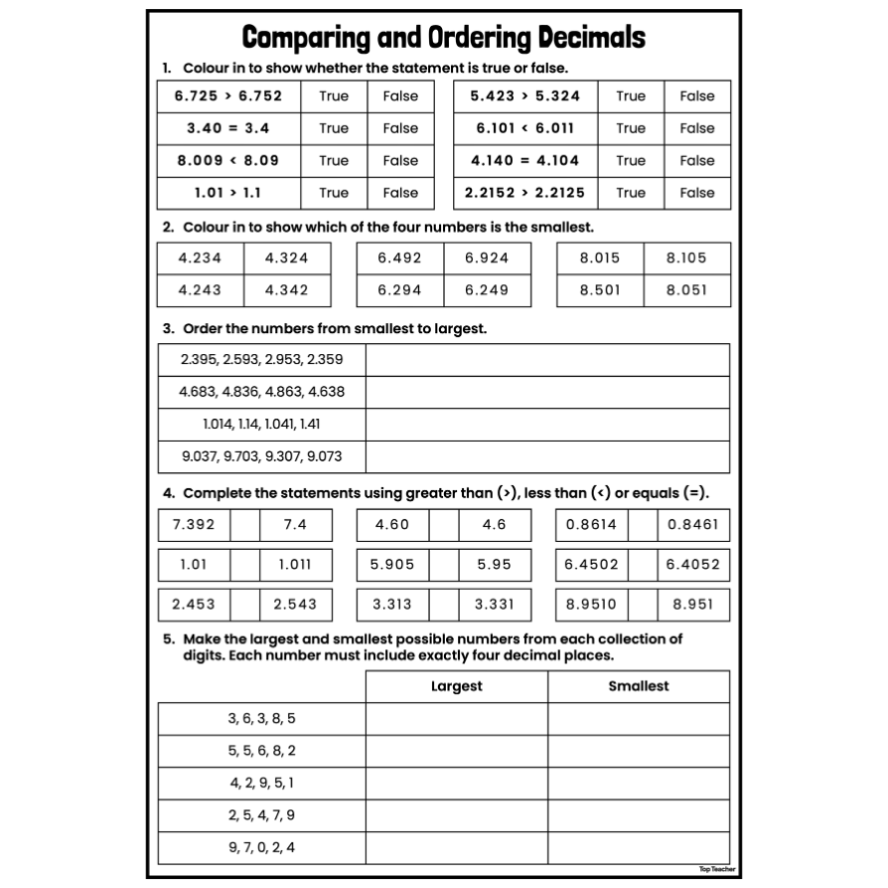 Comparing Ordering Decimals Tenths Hundredths Thousandths Worksheets Top Teacher