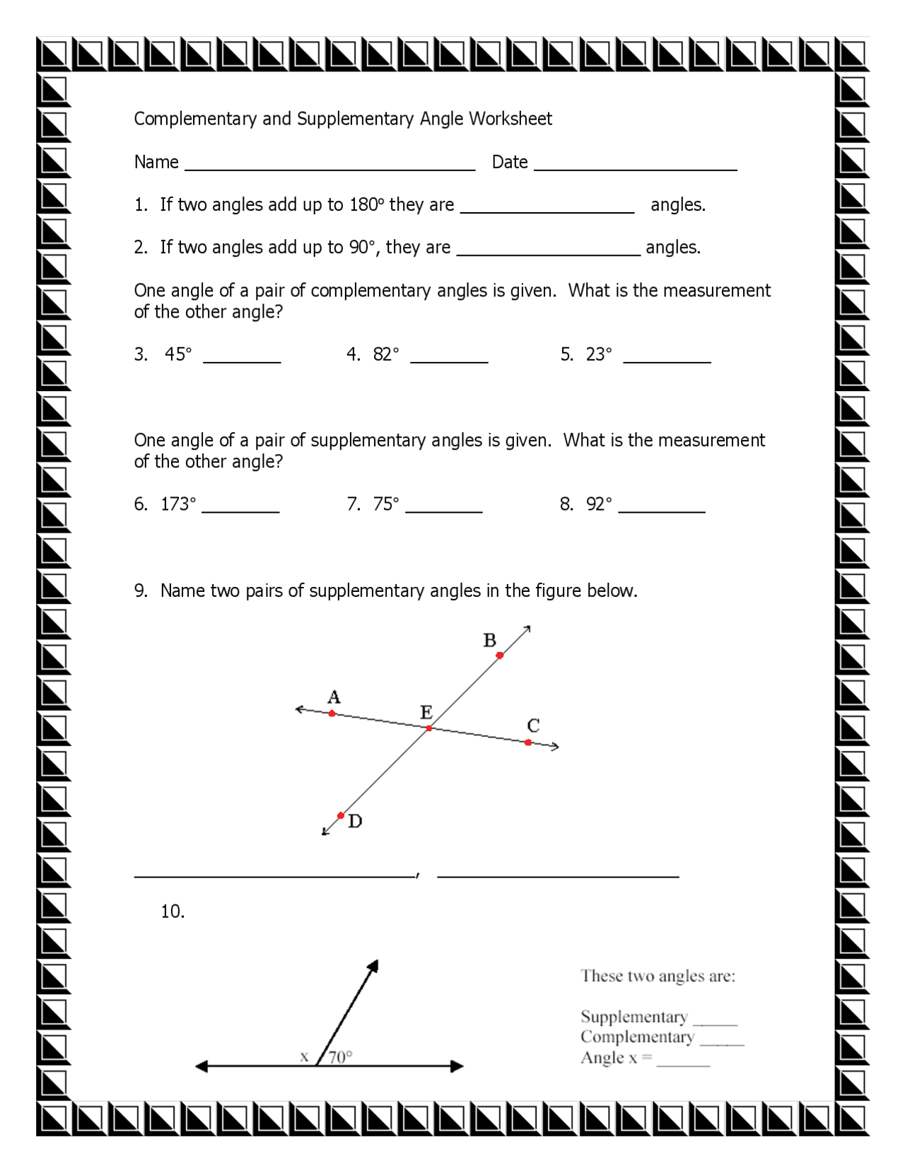 Complementary And Supplementary Angles Worksheet Lecture Notes Trigonometry Docsity