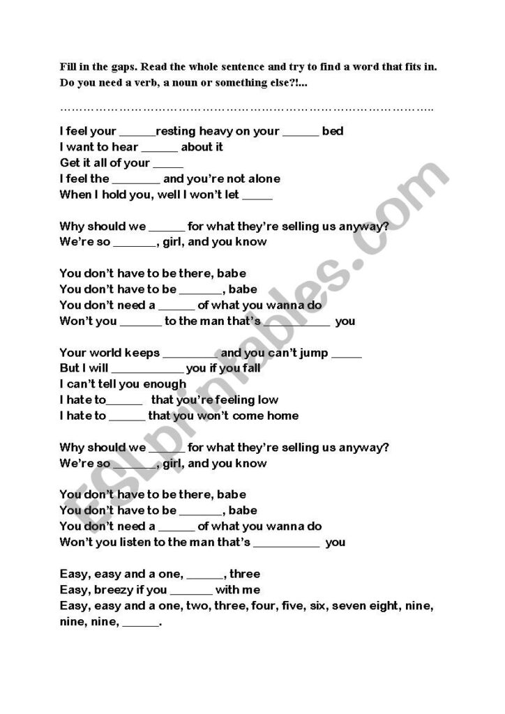 Complete The Song Lyrics ESL Worksheet By Tangeo