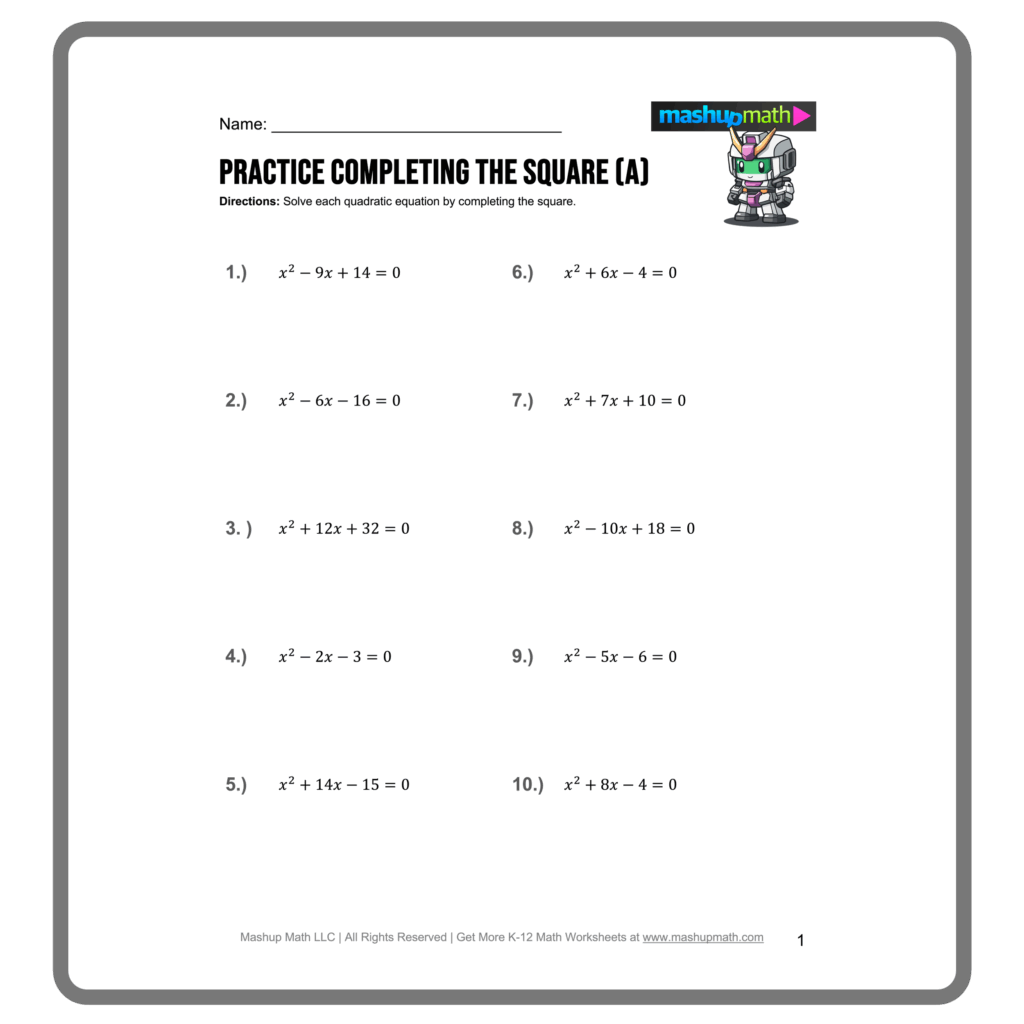 Completing The Square Worksheets Printable With Answers Mashup Math
