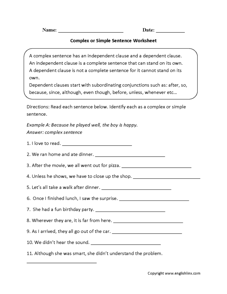 Complex Sentences Worksheets Complex Or Simple Sentences Worksheet