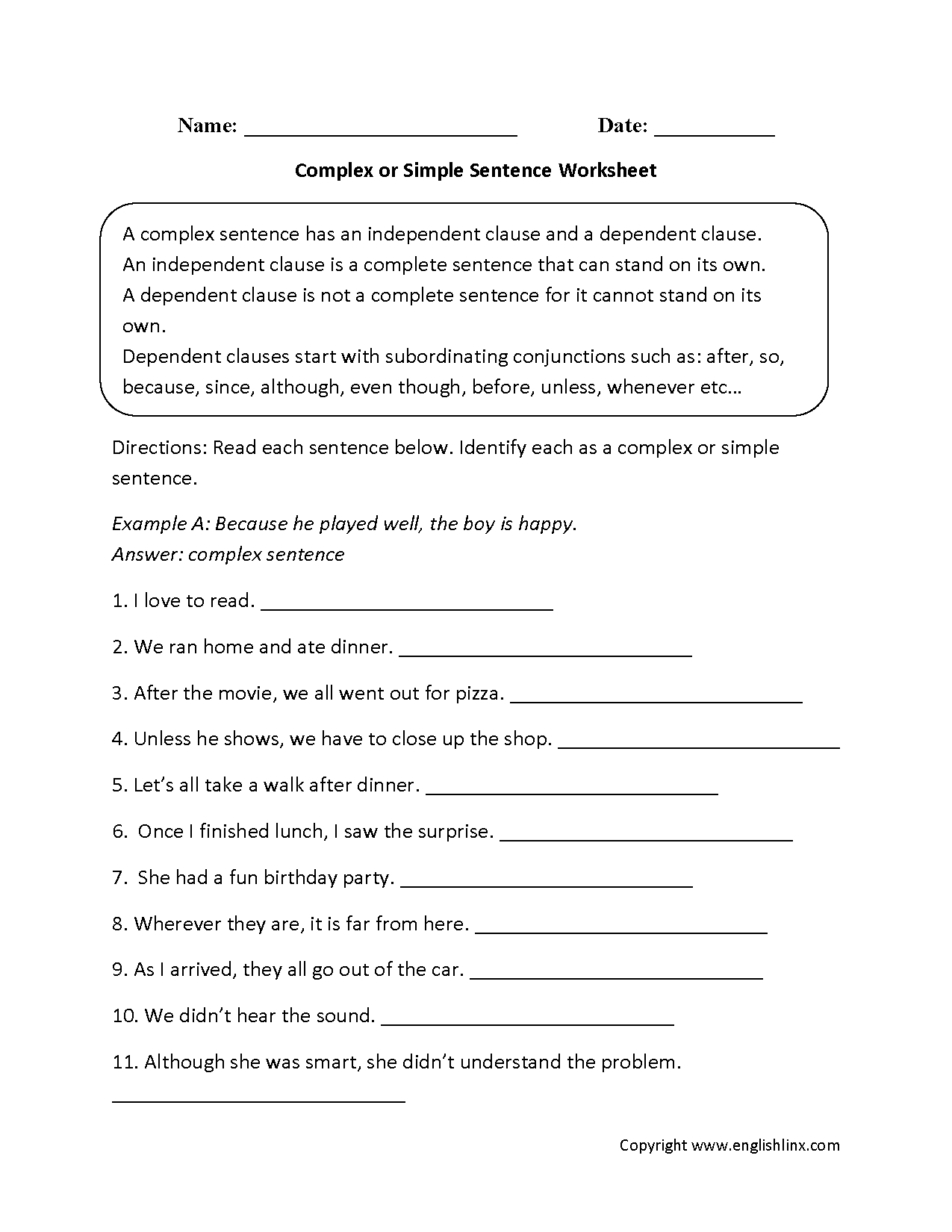 Complex Sentences Worksheets Complex Or Simple Sentences Worksheet