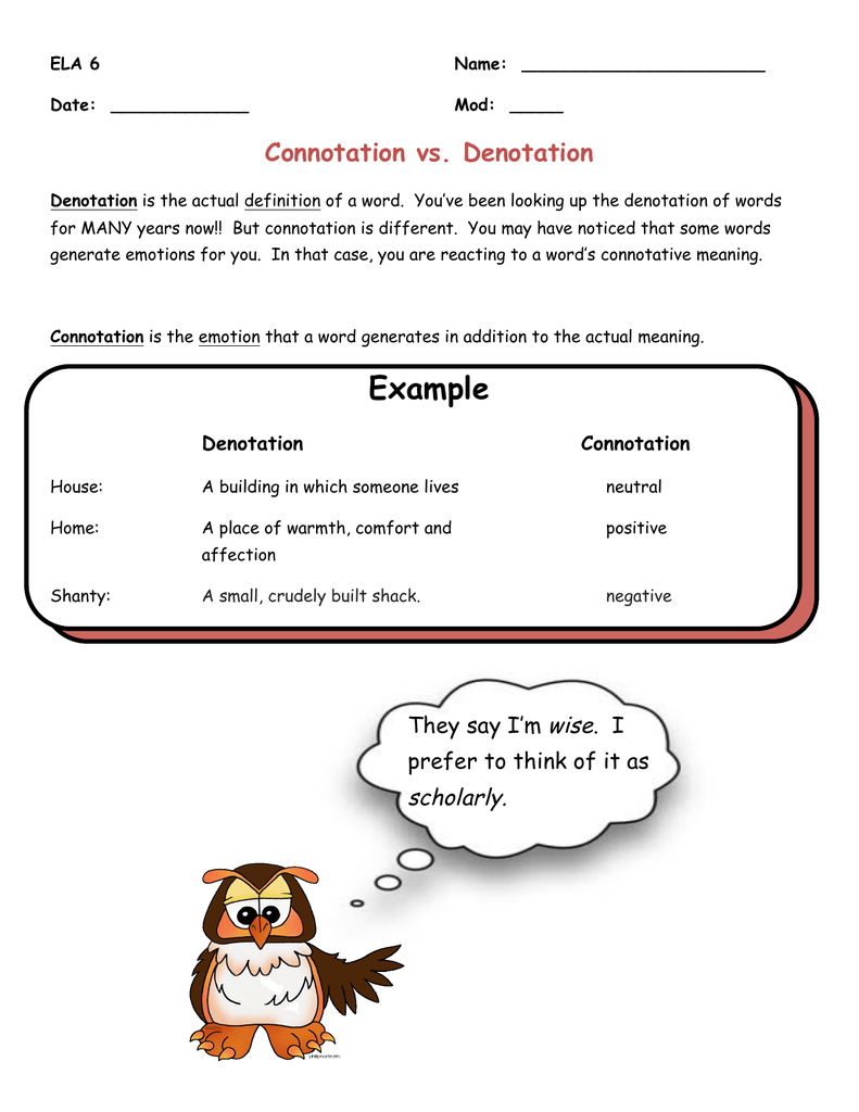 Connotation Vs Denotation Worksheet ELA 6