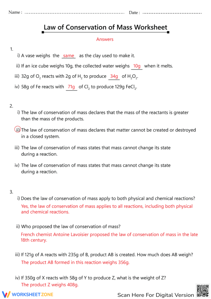 Conservation Of Mass Worksheets