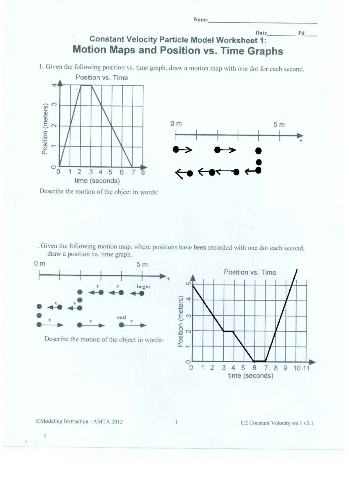 Constant Velocity Particle Model Worksheet 1 Motion Maps P T Graphs Studocu