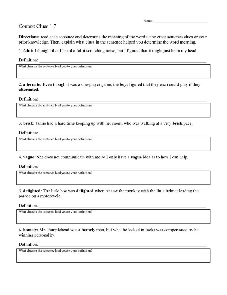 Context Clues Worksheet 1 7 Reading Activity