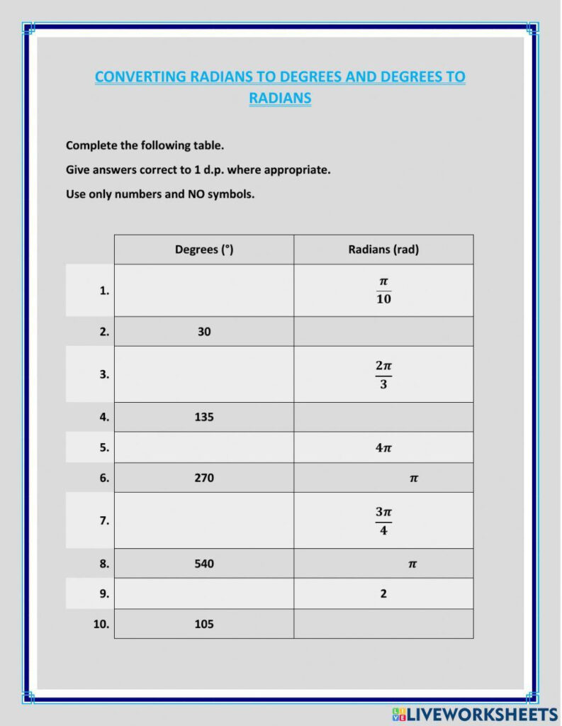 Converting Radians To Degrees And Degrees To Radians Worksheet Worksheets Library