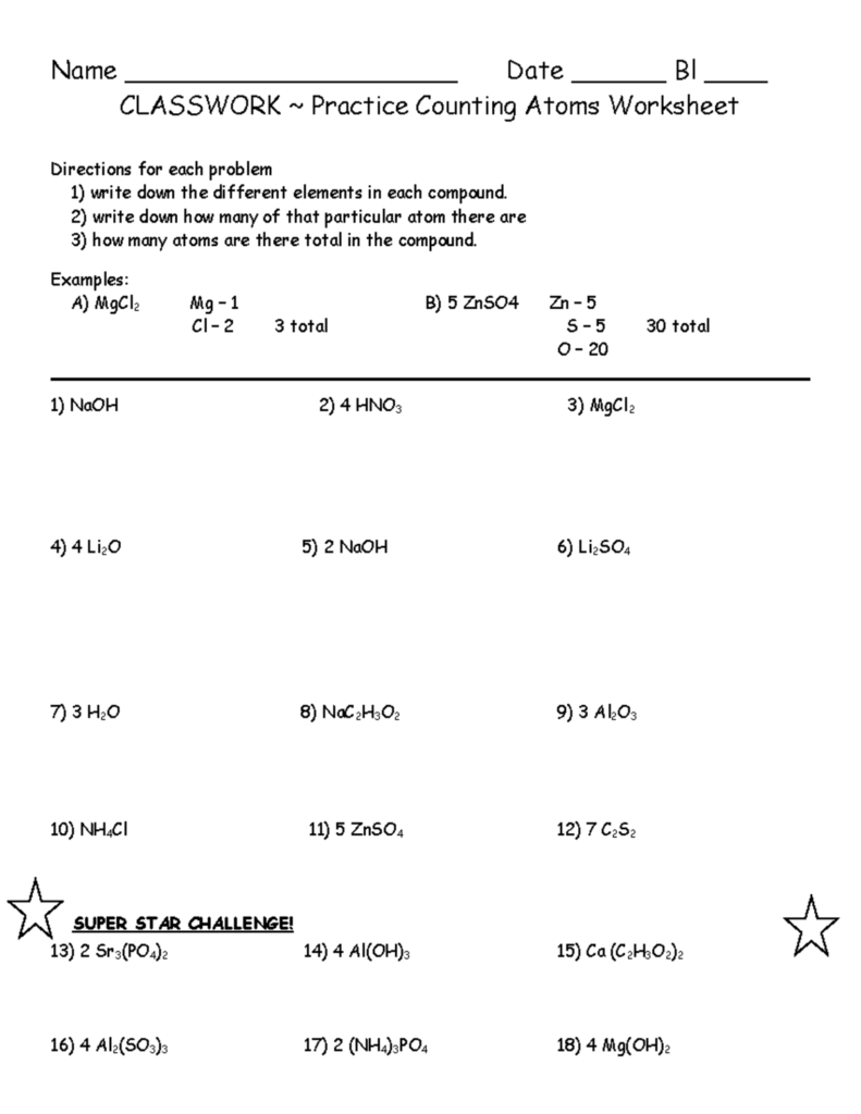Counting Atoms Worksheet 2 Classwork Practice Exercises Studocu