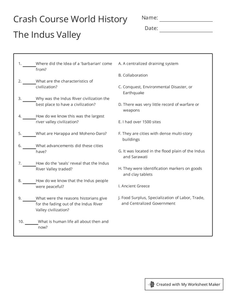 Crash Course World History The Indus Valley My Worksheet Maker Create Your Own Worksheets Crash Course World History The Indus Valley My Worksheet Maker Create Your Own Worksheets