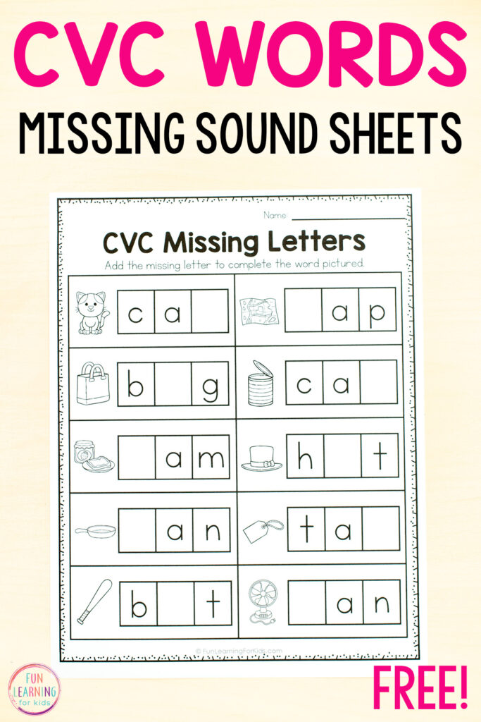 CVC Missing Letter Worksheets For Phonics Practice