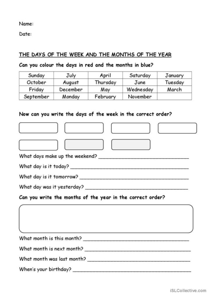 Days Of The Week And Months English ESL Worksheets Pdf Doc